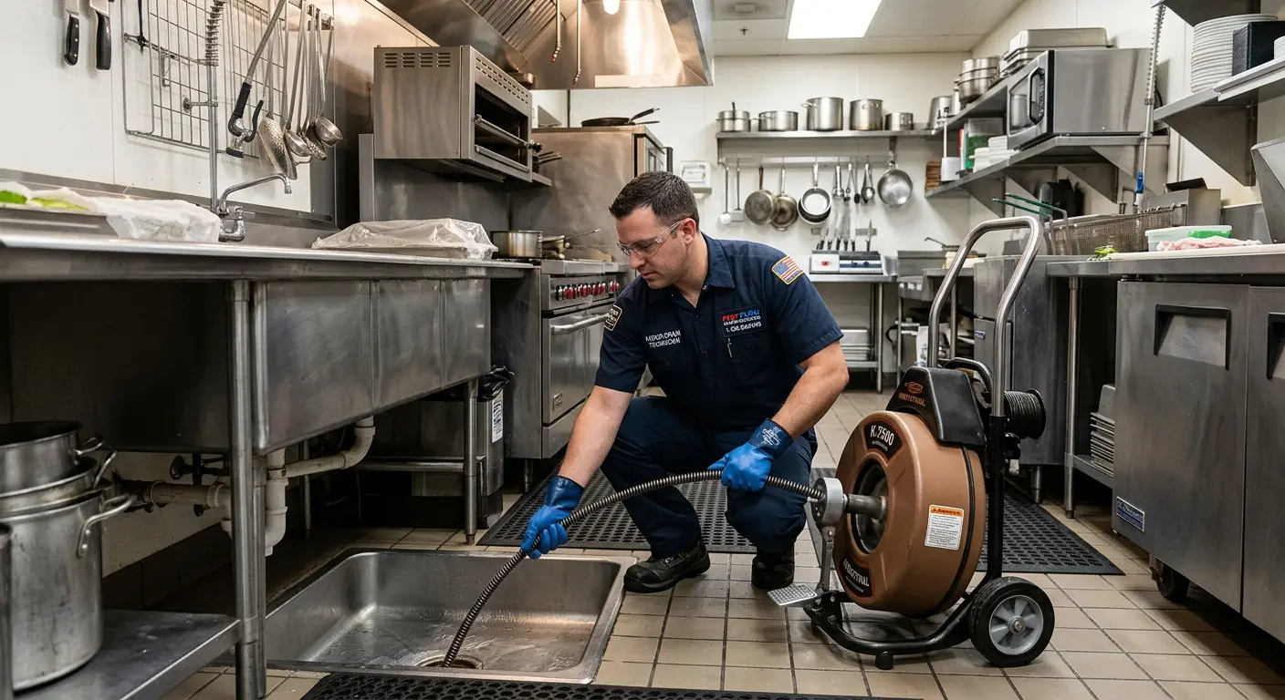 Commercial drain cleaning service in a restaurant kitchen in Laketown