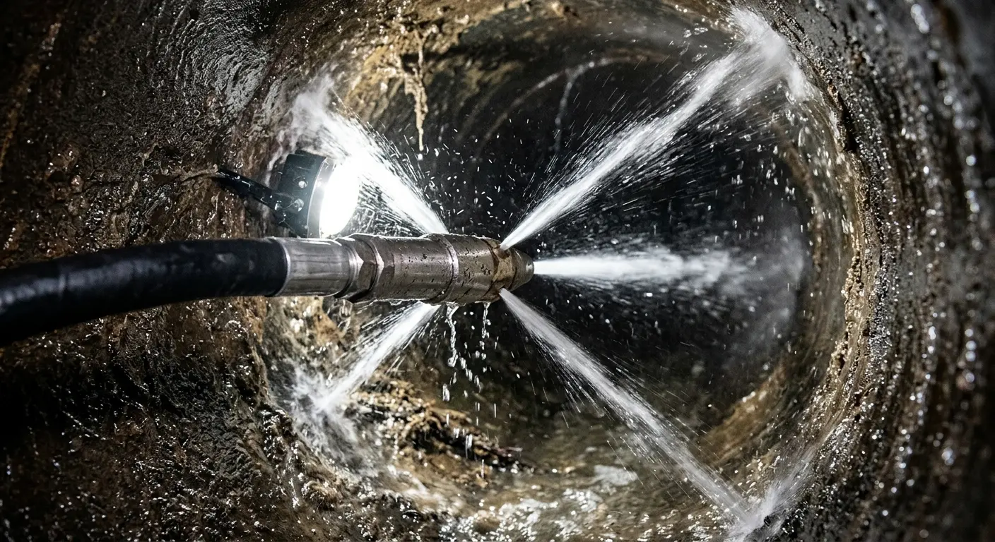 High-pressure hydro jetting nozzle cleaning sewer pipe for Emergency Drain Service in Laketown