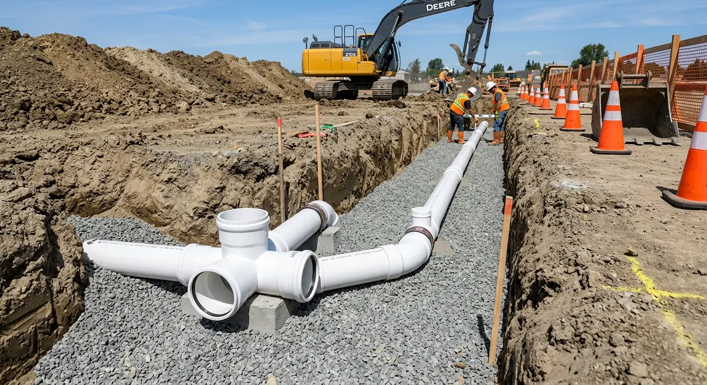 New PVC sewer pipe installation in open trench for Grease Trap Cleaning in Laketown