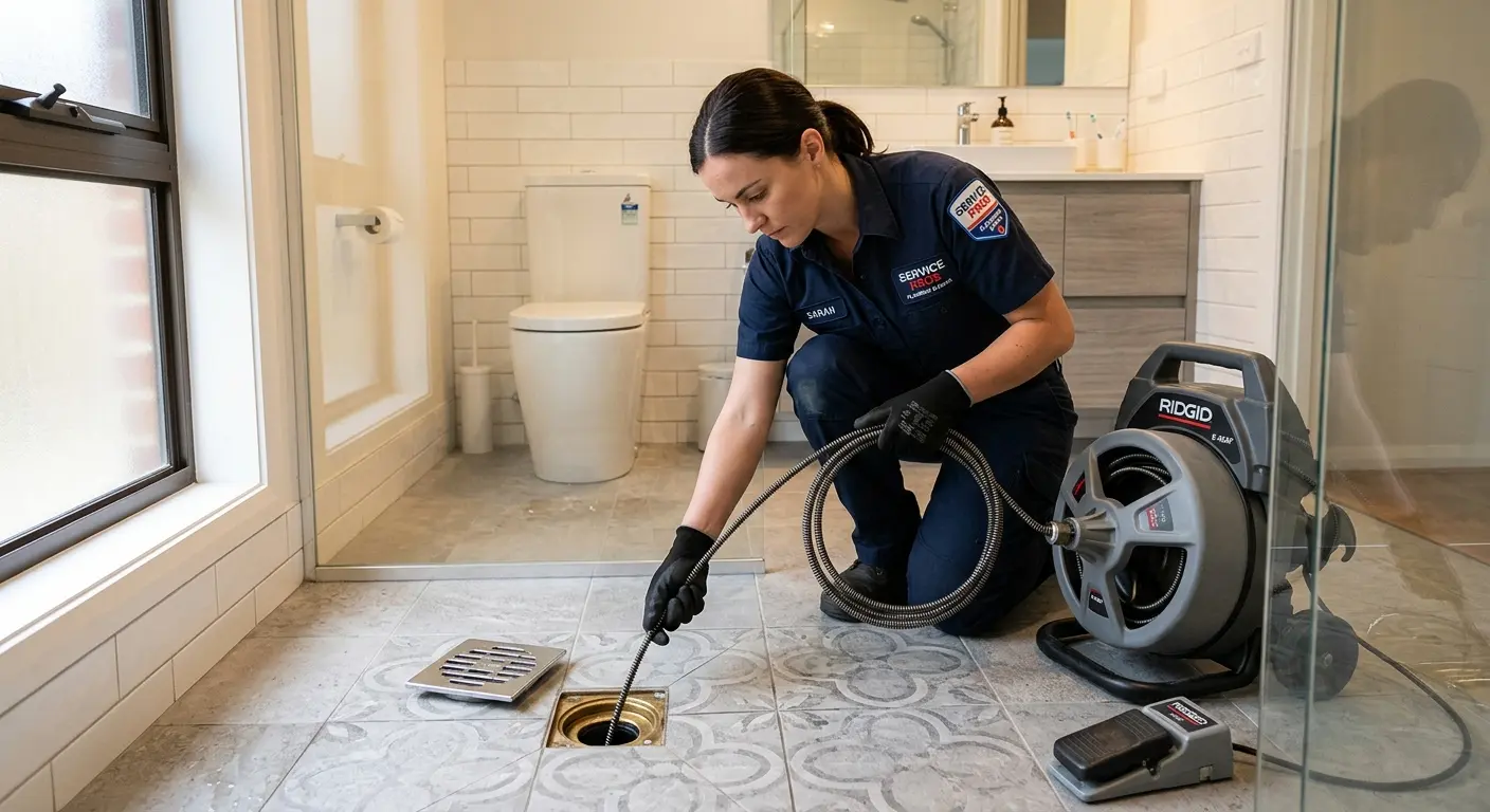 Technician clearing a bathroom floor drain for Sewer Line Installation in Laketown